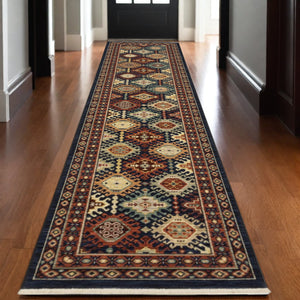 Homeroots 2' Navy Blue Oriental Area Rug With Elegant Fringe – Perfect For Adding Style And Warmth To Any Room 12' Runner Wool Blend 576252