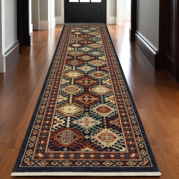 Homeroots 2' Navy Blue Oriental Area Rug With Elegant Fringe – Perfect For Adding Style And Warmth To Any Room 12' Runner Wool Blend 576252