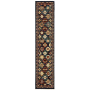 HomeRoots 3' Navy Blue Ivory and Brown Oriental Area Rug with Fringe – Perfect for Cozy Spaces and Entryways 12' Runner 576252