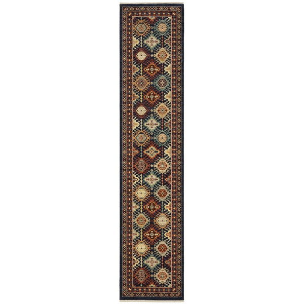 HomeRoots 3' Navy Blue Ivory and Brown Oriental Area Rug with Fringe – Perfect for Cozy Spaces and Entryways 12' Runner 576252