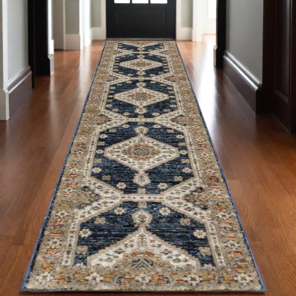 HomeRoots 3' Blue and Orange Medallion Area Rug - Stylish, Durable, Stain-Resistant Design for Any Room 12' Runner 576253