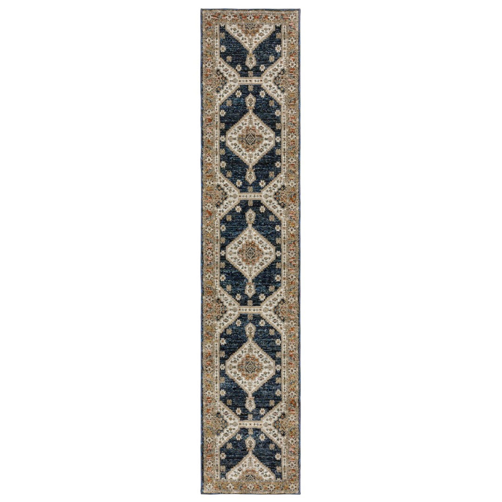 HomeRoots 3' Blue and Orange Medallion Area Rug - Stylish, Durable, Stain-Resistant Design for Any Room 12' Runner 576253