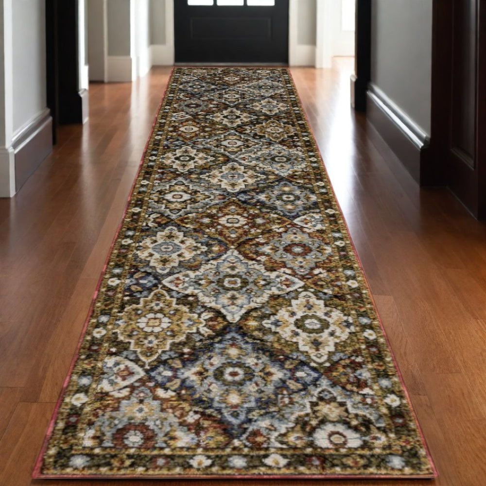 HomeRoots 3' Elegant Red and Ivory Tan Medallion Area Rug – Durable, Stain-Resistant Design for High-Traffic Spaces 12' Runner 576255
