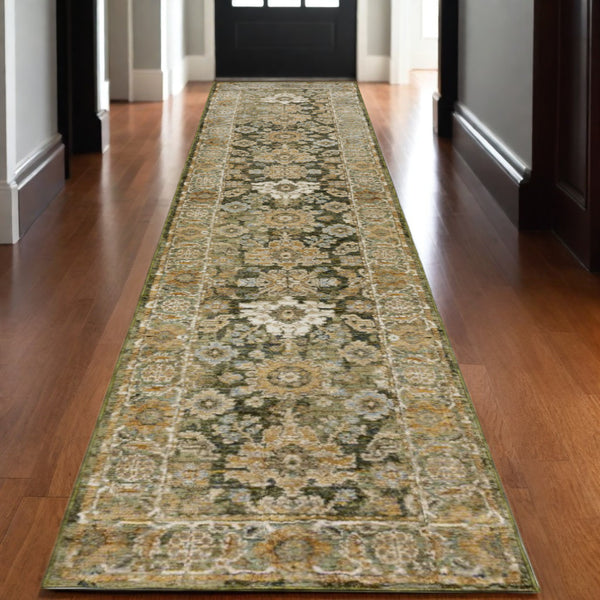 Homeroots 2' Enchanting Green Oriental Area Rug - Stain Resistant, Perfect For Homes With Kids And Pets! 12' Runner Polypropylene 576256