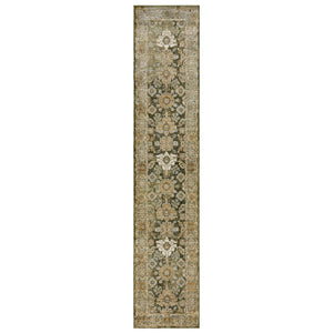 HomeRoots 3' Elegant Green and Gold Oriental Area Rug - Durable, Stain-Resistant Design for Timeless Style 12' Runner 576256