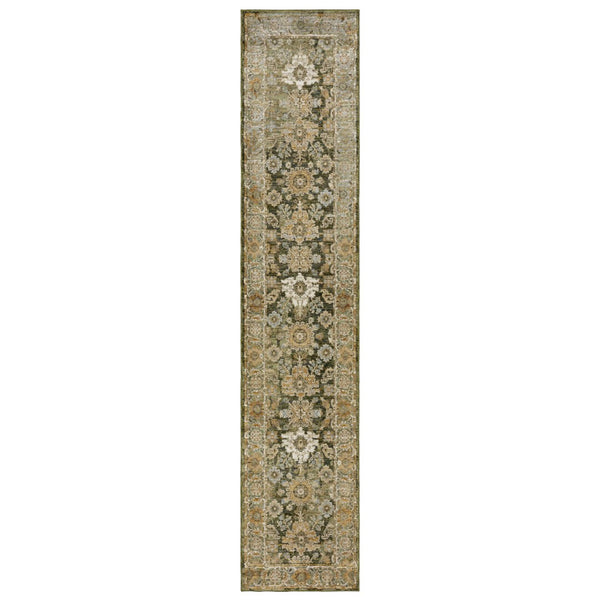 HomeRoots 3' Elegant Green and Gold Oriental Area Rug - Durable, Stain-Resistant Design for Timeless Style 12' Runner 576256