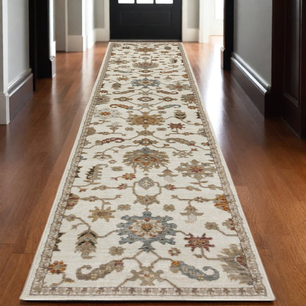 Homeroots 2' Ivory Oriental Area Rug - Stylish Power Loom Design, Stain Resistant, Perfect For Any Decor 12' Runner Polypropylene 576257