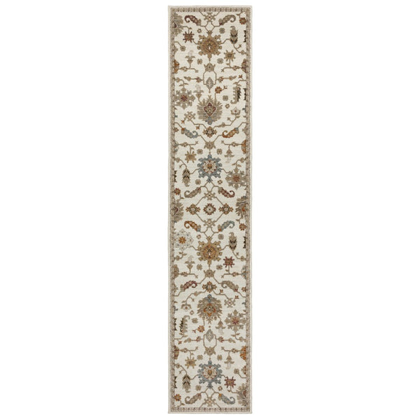 HomeRoots 3' Classic Ivory Gray and Orange Oriental Area Rug - Durable, Stain-Resistant for High Traffic Areas 12' Runner 576257