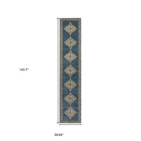 Homeroots 2' Blue Medallion Area Rug – Stain-resistant Power Loom Design For Stylish Spaces With Kids & Pets 12' Runner Polypropylene 576259