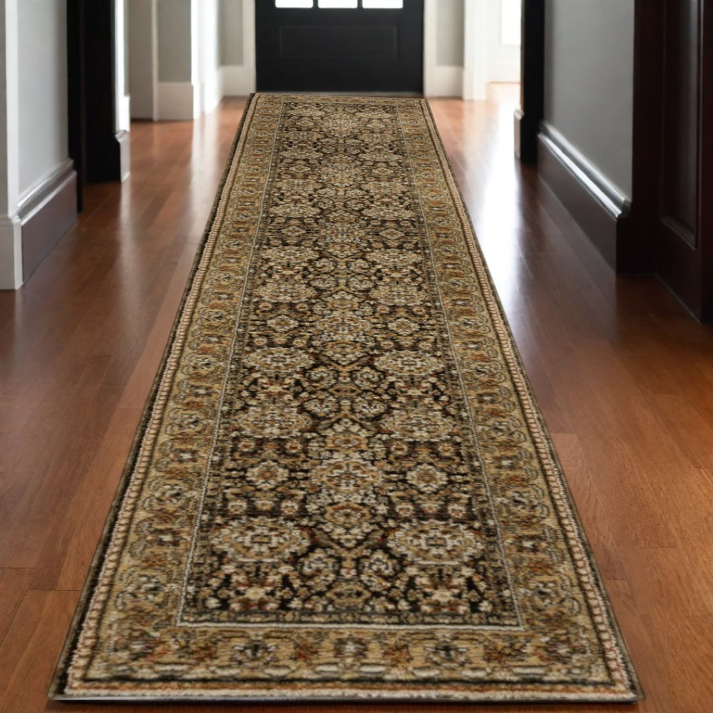 HomeRoots 3' Luxurious Brown and Gold Oriental Area Rug – Classic Design, Durable, Stain-Resistant Style for Home 12' Runner 576260