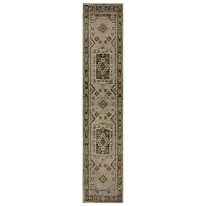 HomeRoots 3' Gray and Green Tribal Area Rug - Stylish Bohemian Design, Durable, Easy-Clean for High-Traffic Spaces 12' Runner 576262