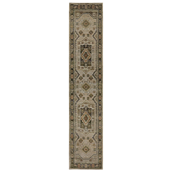 HomeRoots 3' Gray and Green Tribal Area Rug - Stylish Bohemian Design, Durable, Easy-Clean for High-Traffic Spaces 12' Runner 576262