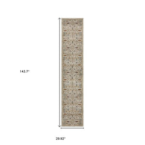 Homeroots 2' Inviting Ivory And Gold Oriental Area Rug - Stain Resistant, Stylish Design For Any Space 12' Runner Polypropylene 576263