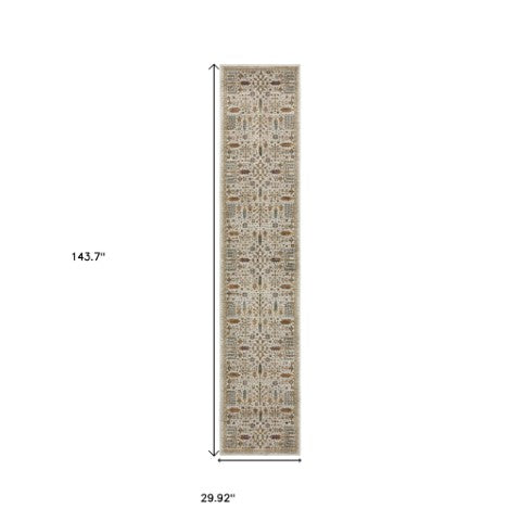 Homeroots 2' Inviting Ivory And Gold Oriental Area Rug - Stain Resistant, Stylish Design For Any Space 12' Runner Polypropylene 576263