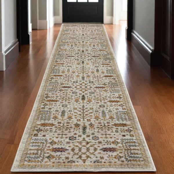 Homeroots 2' Inviting Ivory And Gold Oriental Area Rug - Stain Resistant, Stylish Design For Any Space 12' Runner Polypropylene 576263
