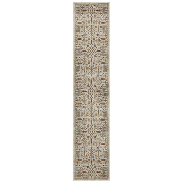 HomeRoots 3' Elegant Ivory and Gold Oriental Area Rug - Stain Resistant, Durable, Perfect for High-Traffic Spaces 12' Runner 576263