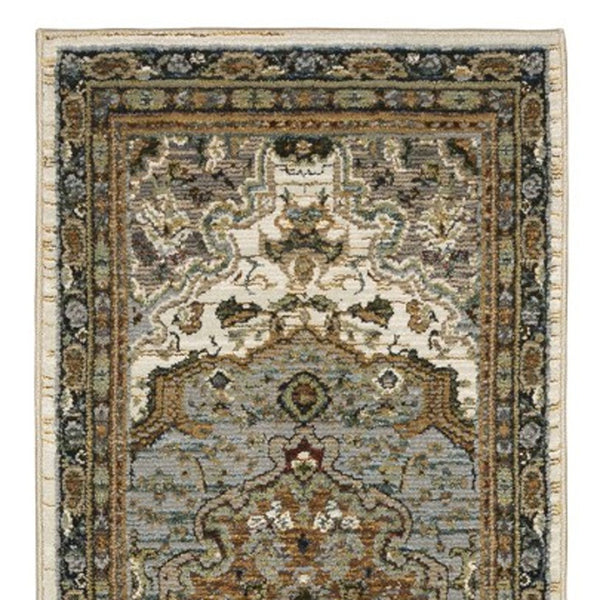 Homeroots 2' Elegant Ivory And Blue Oriental Area Rug - Stain Resistant, Perfect For Homes With Kids & Pets 12' Runner Polypropylene 576264