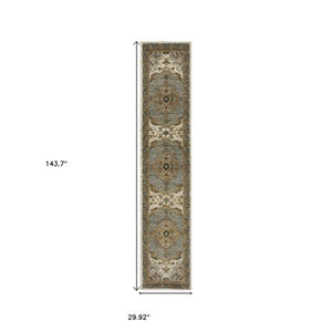 Homeroots 2' Elegant Ivory And Blue Oriental Area Rug - Stain Resistant, Perfect For Homes With Kids & Pets 12' Runner Polypropylene 576264