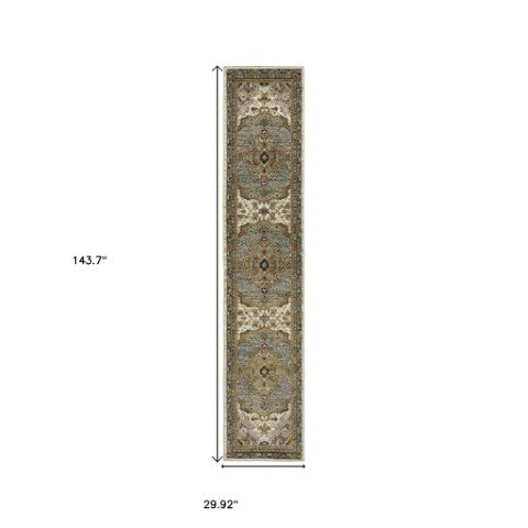 Homeroots 2' Elegant Ivory And Blue Oriental Area Rug - Stain Resistant, Perfect For Homes With Kids & Pets 12' Runner Polypropylene 576264