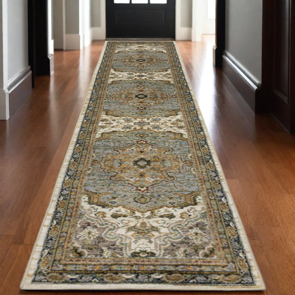 Homeroots 2' Elegant Ivory And Blue Oriental Area Rug - Stain Resistant, Perfect For Homes With Kids & Pets 12' Runner Polypropylene 576264
