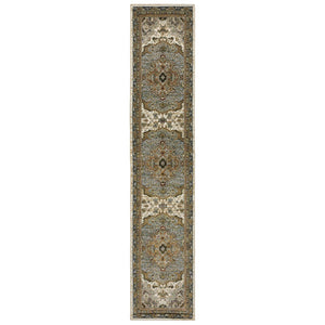 HomeRoots 3' Elegant Ivory and Blue Oriental Area Rug - Durable, Stain-Resistant Accent for Any Space 12' Runner 576264