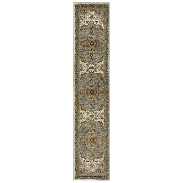 HomeRoots 3' Elegant Ivory and Blue Oriental Area Rug - Durable, Stain-Resistant Accent for Any Space 12' Runner 576264