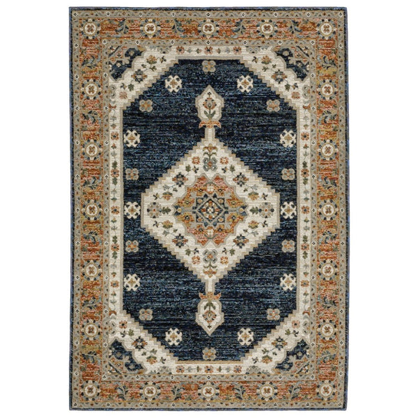 HomeRoots 3' Blue and Orange Medallion Area Rug - Stylish, Durable, Stain-Resistant Design for Any Room 7' X 10' 576265