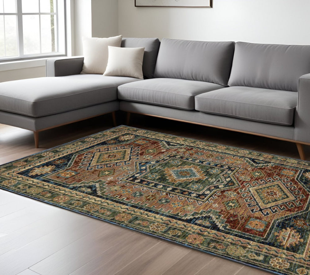 HomeRoots 3'' Blue Rust and Tan Tribal Area Rug - Bohemian Style, Stain-Resistant, Durable for High-Traffic Areas 7' X 10' 576273