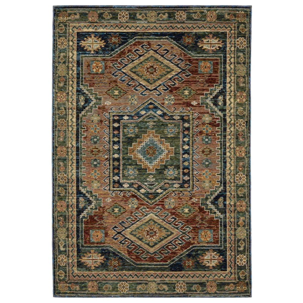 HomeRoots 3'' Blue Rust and Tan Tribal Area Rug - Bohemian Style, Stain-Resistant, Durable for High-Traffic Areas 7' X 10' 576273