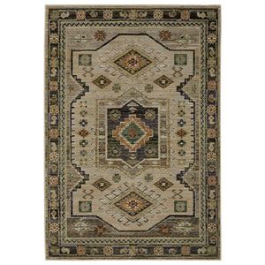 HomeRoots 3' Gray and Green Tribal Area Rug - Stylish Bohemian Design, Durable, Easy-Clean for High-Traffic Spaces 7' X 10' 576274