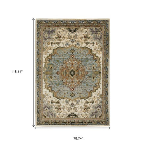 Homeroots 2' Elegant Ivory And Blue Oriental Area Rug - Stain Resistant, Perfect For Homes With Kids & Pets 7' X 10' Polypropylene 576276