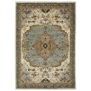 HomeRoots 3' Elegant Ivory and Blue Oriental Area Rug - Durable, Stain-Resistant Accent for Any Space 7' X 10' 576276
