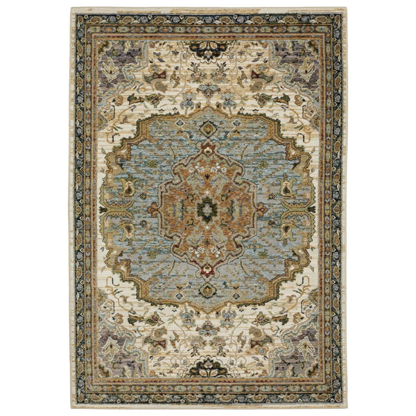 HomeRoots 3' Elegant Ivory and Blue Oriental Area Rug - Durable, Stain-Resistant Accent for Any Space 7' X 10' 576276