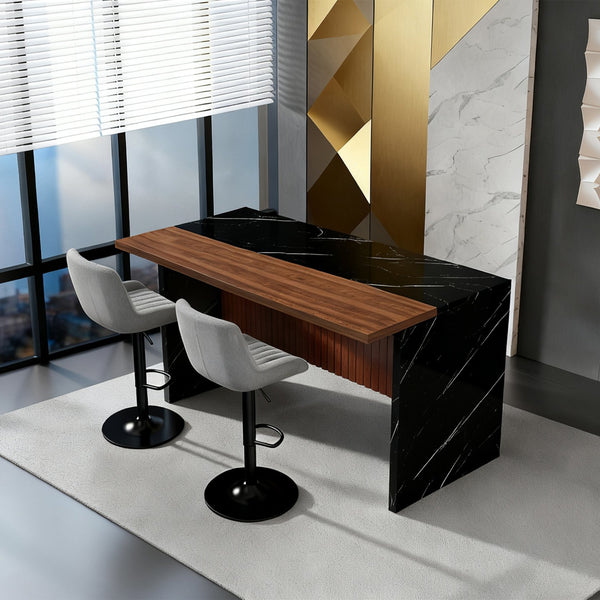 English Elm 63" Modern Kitchen Island with Black Marble-Look Surface, LED Ambient Lighting & Grille Accent Walnut+black W2699P365915