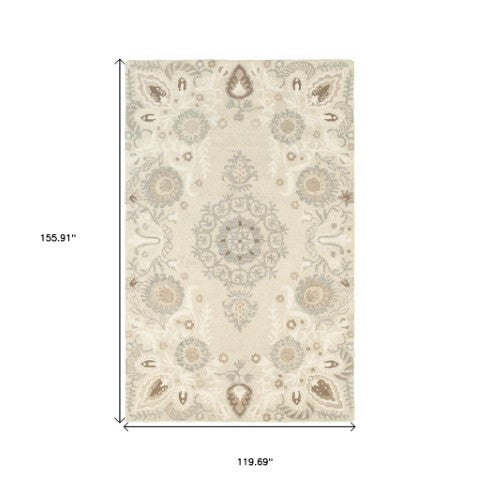 Homeroots 4' Sand Wool Floral Hand Tufted Area Rug - Elevate Your Living Space With Elegant Design And Comfort 10' X 13' Wool 576297