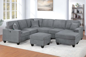 English Elm Dark Corduroy U-shaped Sectional Set with Usb Charging Ottoman and Plush Cushions Fog B011S02190