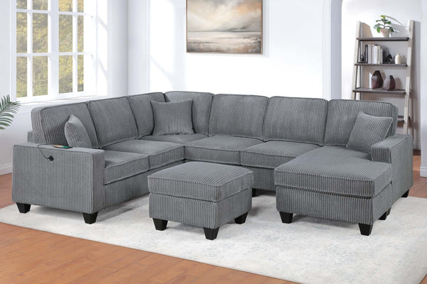 English Elm Dark Corduroy U-shaped Sectional Set with Usb Charging Ottoman and Plush Cushions Fog B011S02190
