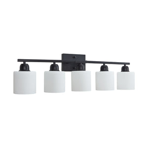 English Elm Black 5-Light Modern Vanity Light Fixture For Bathroom, Stylish Wall Sconces With Frosted Glass Shades W2312P374847