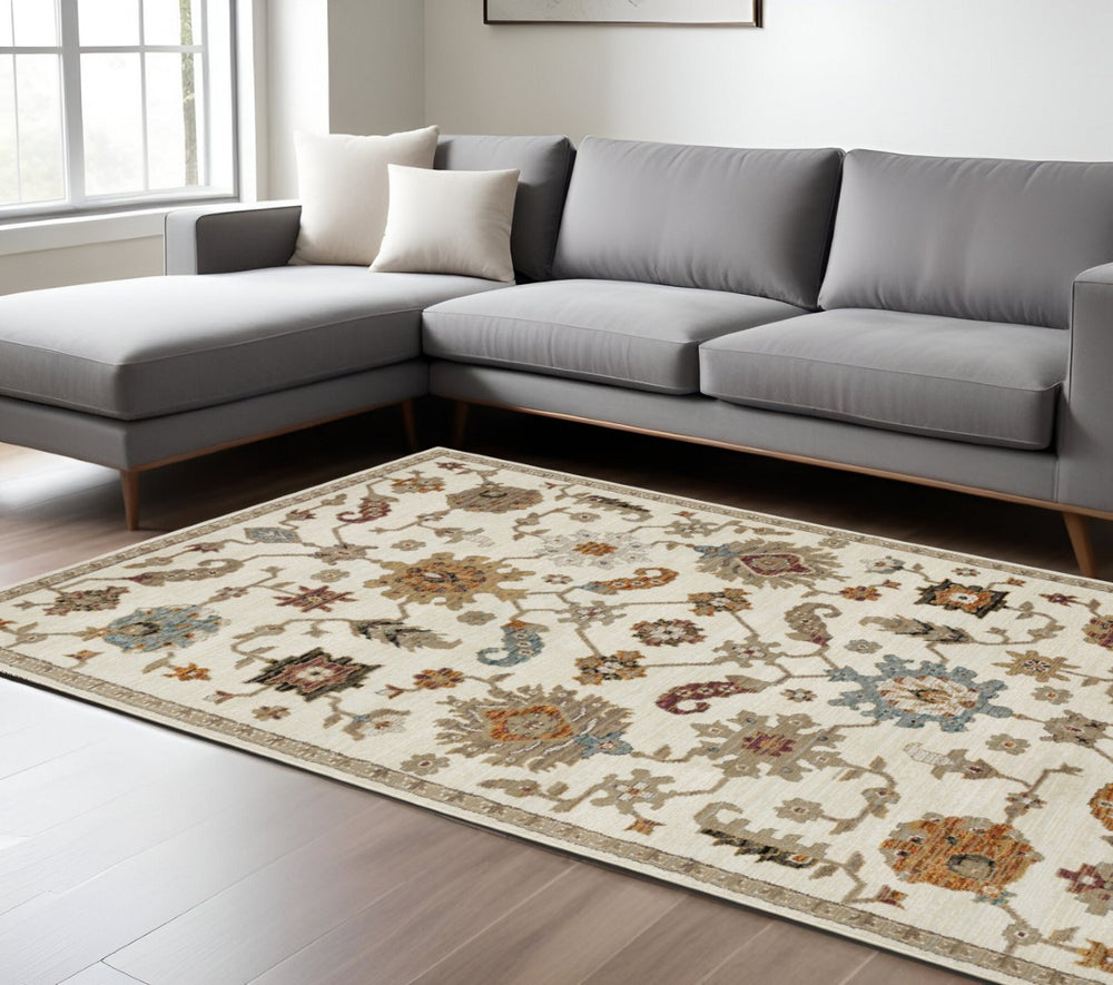 HomeRoots 3' Classic Ivory Gray and Orange Oriental Area Rug - Durable, Stain-Resistant for High Traffic Areas 10' X 13' 576326