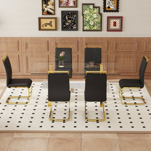 English Elm Table Elegant Transparent Glass Dining Set - 71"X35.4" With 8 Stylish Black Pu Chairs & Gold Legs W1151S02362-GIGA