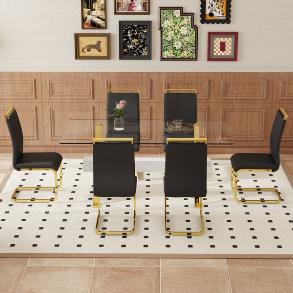 English Elm Table Elegant Transparent Glass Dining Set - 71"X35.4" With 8 Stylish Black Pu Chairs & Gold Legs W1151S02362-GIGA