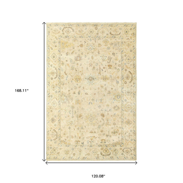 HomeRoots 6' Hand-Knotted Beige and Gray Wool Oriental Area Rug – Timeless Elegance for Any Room Decor 10' X 14' 576357