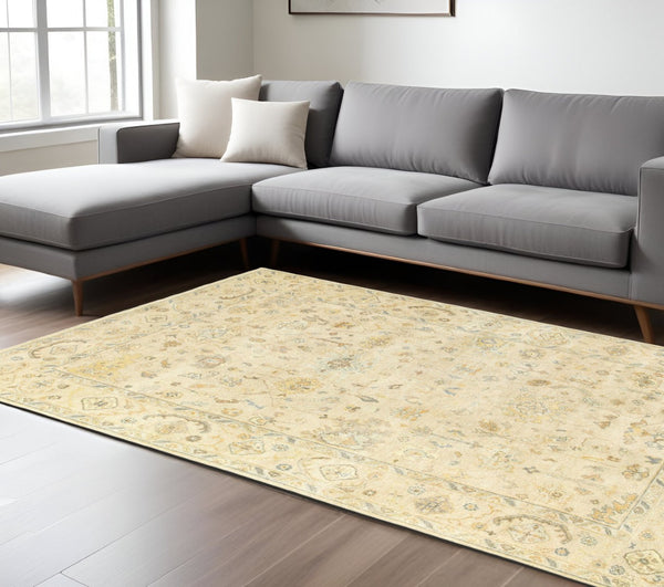 HomeRoots 6' Hand-Knotted Beige and Gray Wool Oriental Area Rug – Timeless Elegance for Any Room Decor 10' X 14' 576357