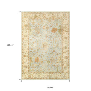 HomeRoots 6' Hand-Knotted Wool Oriental Area Rug in Blue and Sand - Durable, Timeless Design for Any Space 10' X 14' 576361