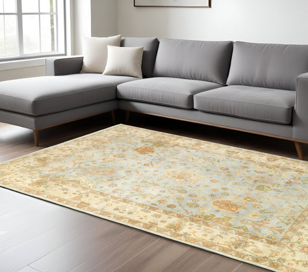 HomeRoots 6' Hand-Knotted Wool Oriental Area Rug in Blue and Sand - Durable, Timeless Design for Any Space 10' X 14' 576361
