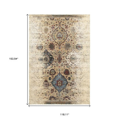 Homeroots 4' Ivory Oriental Area Rug - Distressed Design For Warmth, Stain Resistant, Perfect For Any Space 10' X 13' Polypropylene,Polyester 576370