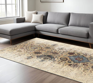 Homeroots 4' Ivory Oriental Area Rug - Distressed Design For Warmth, Stain Resistant, Perfect For Any Space 10' X 13' Polypropylene,Polyester 576370