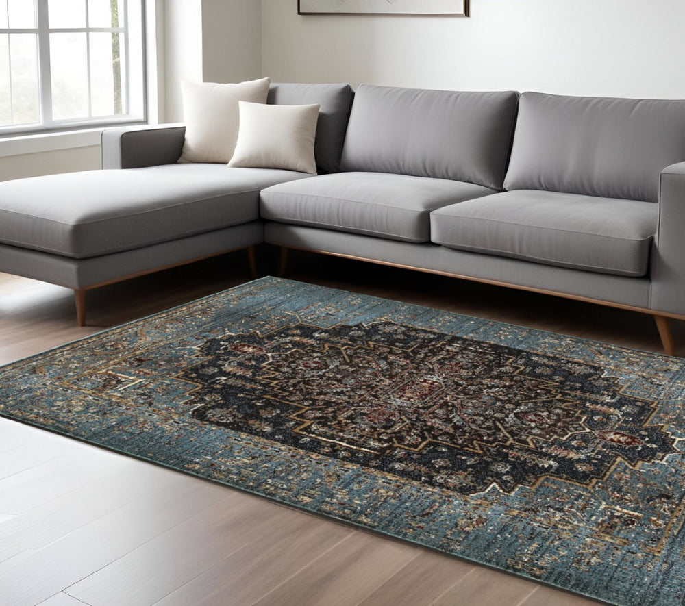 HomeRoots 10' Elegant Blue and Navy Medallion Area Rug - Durable, Stain-Resistant Design for High Traffic Spaces 10' X 13' 576371