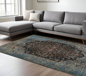 Homeroots 4' Blue Medallion Distressed Area Rug – Stylish Stain Resistant Design For Homes With Kids & Pets 10' X 13' Polypropylene,Polyester 576371