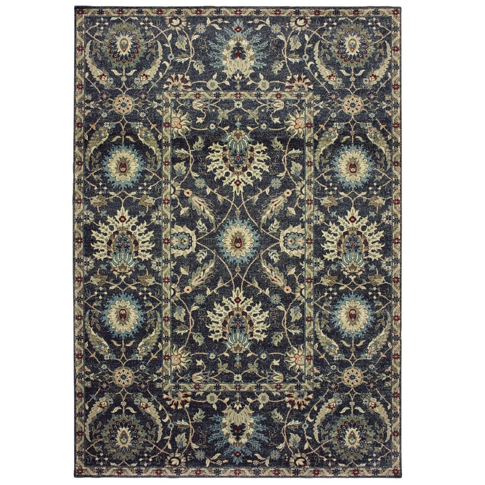 HomeRoots 10' Navy Blue and Ivory Oriental Area Rug - Timeless Design, Durable, Stain-Resistant for High Traffic Areas 10' X 13' 576376